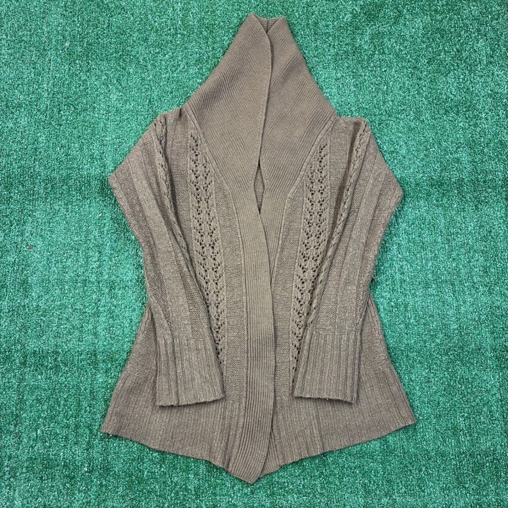 Express Cardigan Sweater Brown Open Front Shawl Collar Pointelle Knit